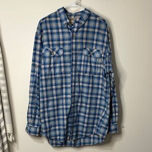 Duluth Trading Co Blue and White Plaid Button Down Shirt men’s size L-tall